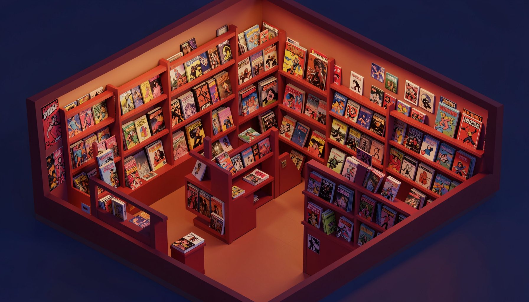 A warm isometric 3D render of a cozy comic shop interior at dusk, shelves lined with colorful comic books and graphic novels, soft amber and navy tones, inviting atmosphere